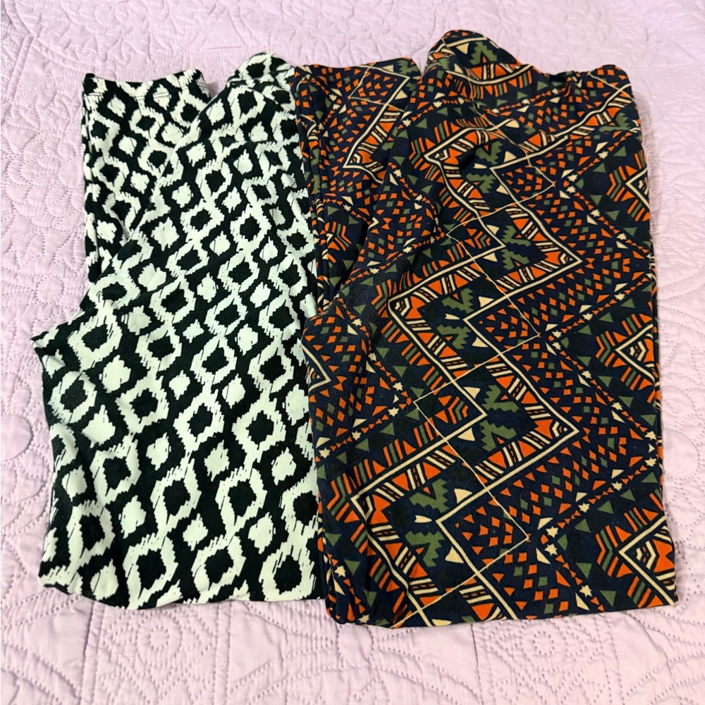 LuLaRoe Black and White Geometric & Orange Abstract Leggings